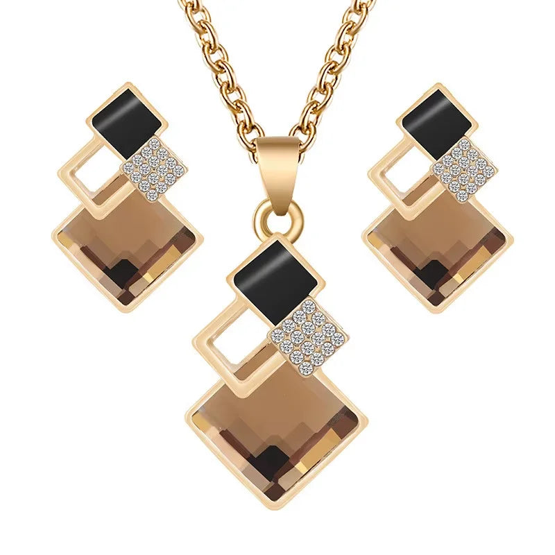 3-Piece Crystal Stone Geometric Pendant Necklace Earrings Set