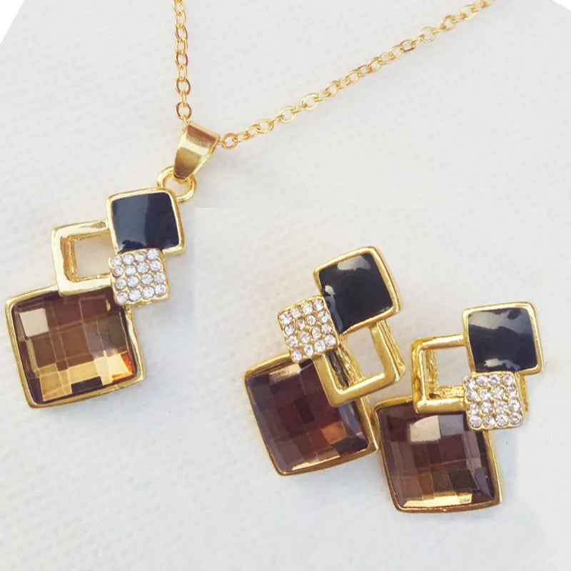 3-Piece Crystal Stone Geometric Pendant Necklace Earrings Set