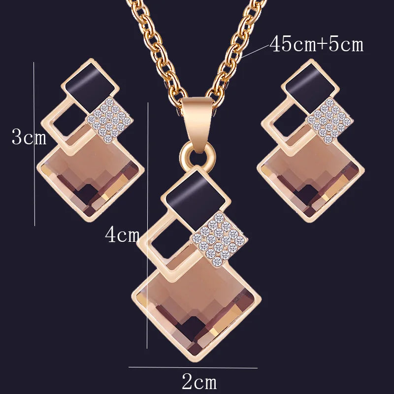 3-Piece Crystal Stone Geometric Pendant Necklace Earrings Set