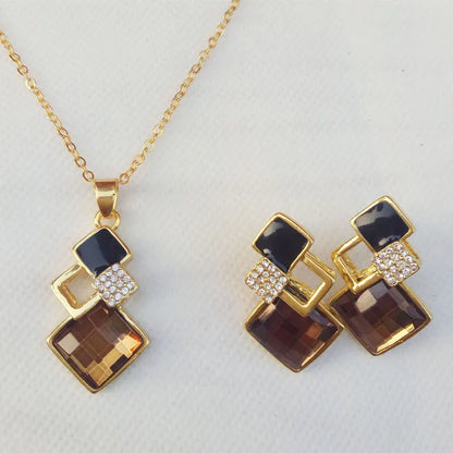 3-Piece Crystal Stone Geometric Pendant Necklace Earrings Set