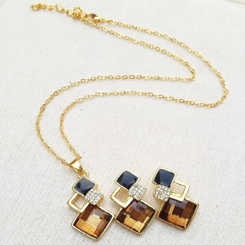 3-Piece Crystal Stone Geometric Pendant Necklace Earrings Set